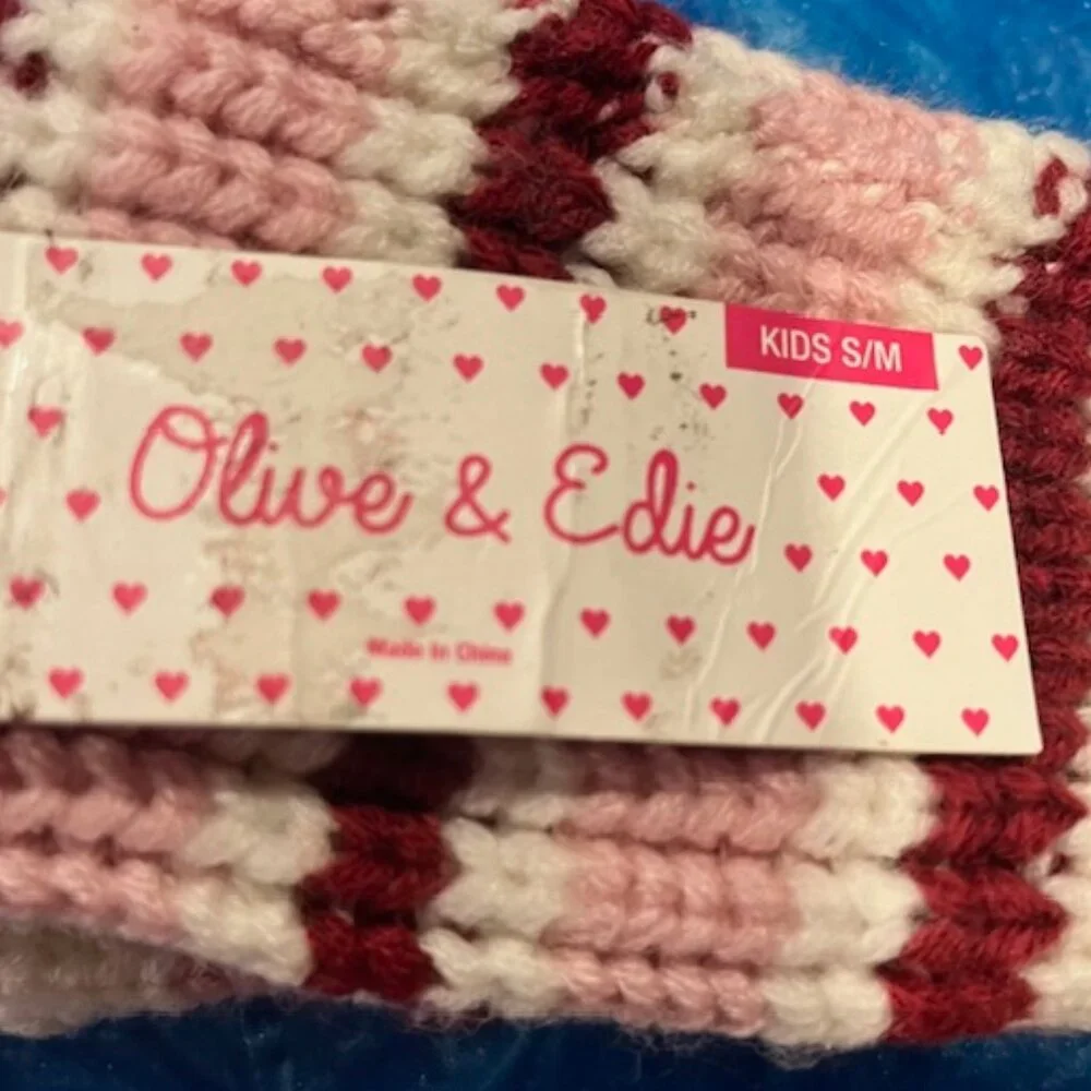 Olive & Edie Size S/M Girls Reindeer Pink Stripe Knit Grip Mittens Gloves NWT